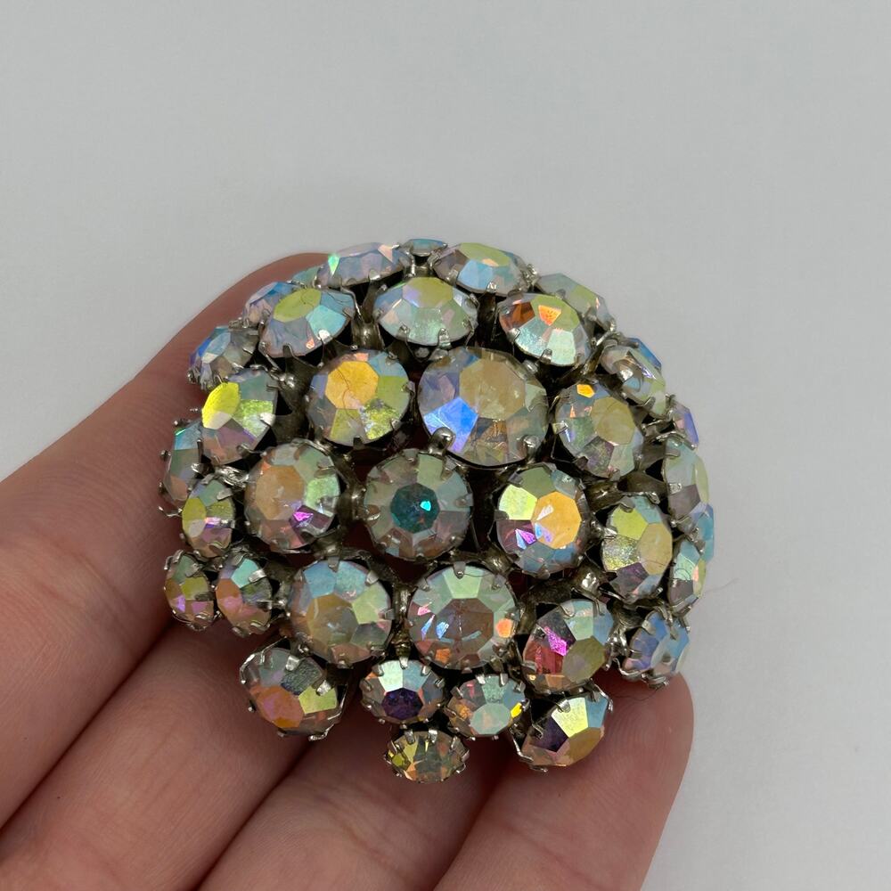 Vintage Warner Dome Brooch 2" Aurora Borealis Rhinestone Pin Signed Jewelry - Picture 4 of 10